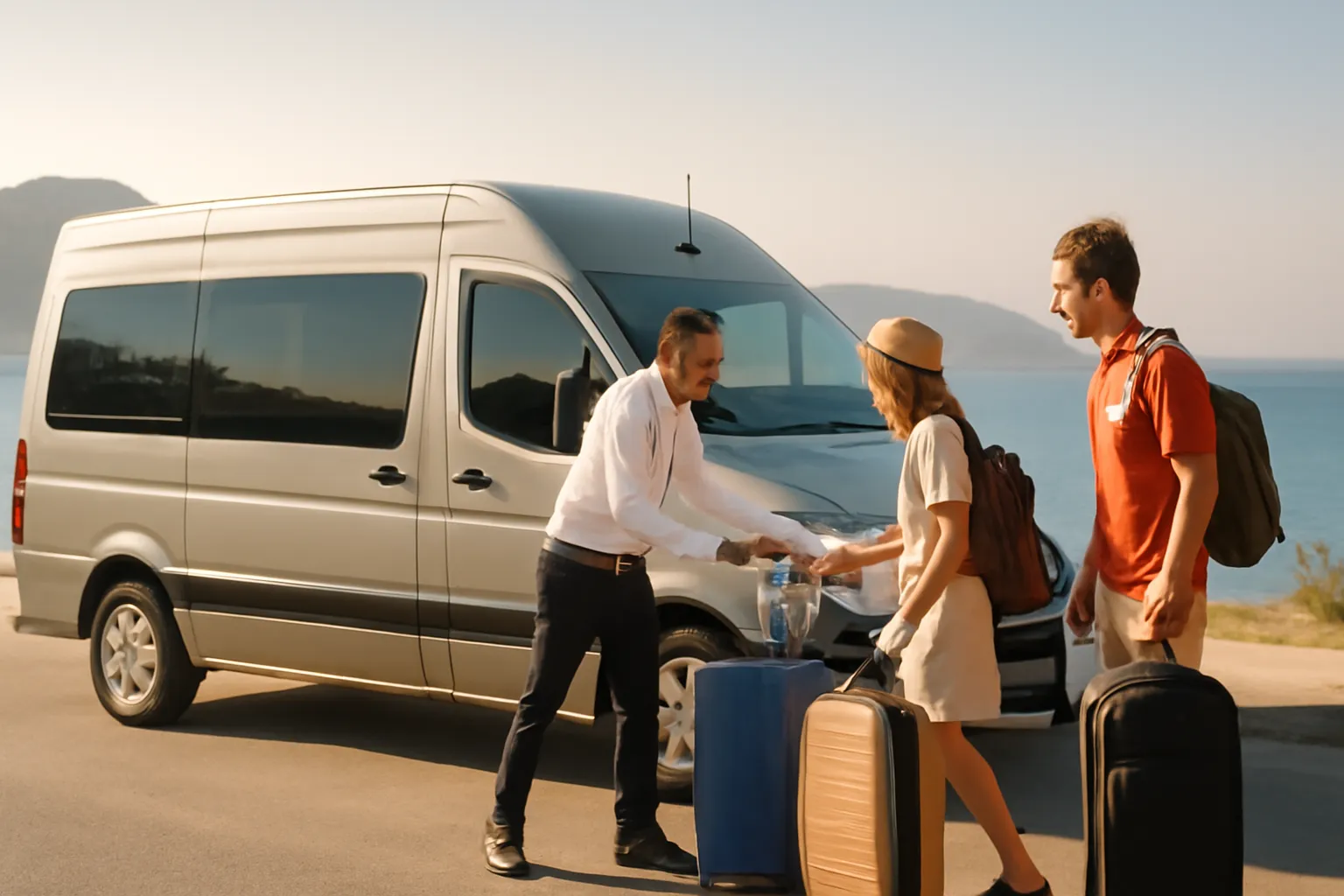 Private transfer van parked with driver assisting travelers and Alanya coastline in the background at sunrise