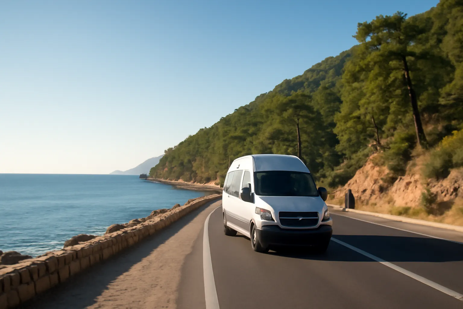 Coastal road with blue Mediterranean sea and pine-covered hills near Kemer, Turkey