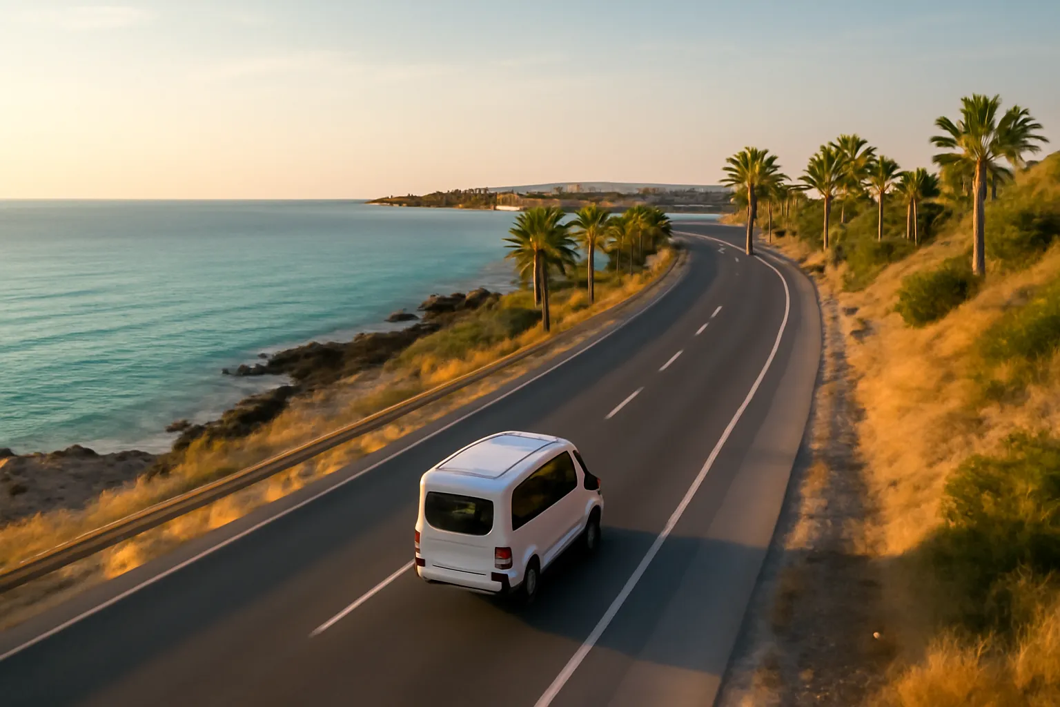 Aerial coastal road between Antalya Airport and Side with a transfer van heading toward the sunlit seaside town